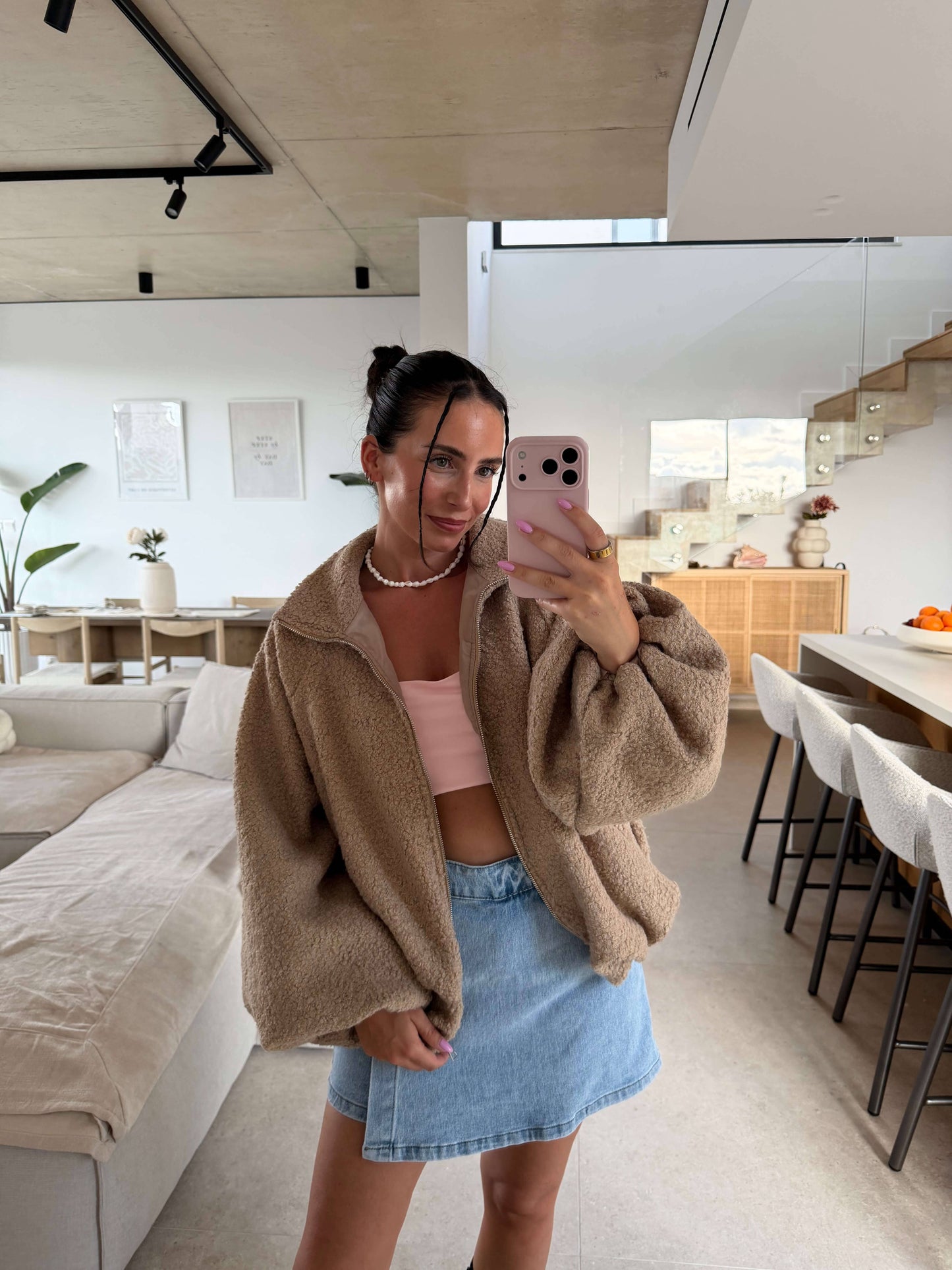 Oversize Jacke mit Reißverschluss – Beige