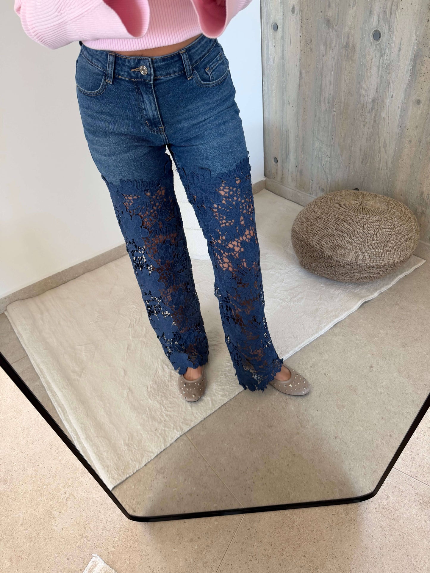 Straight Jeans mit Spitzen-Details – Blau