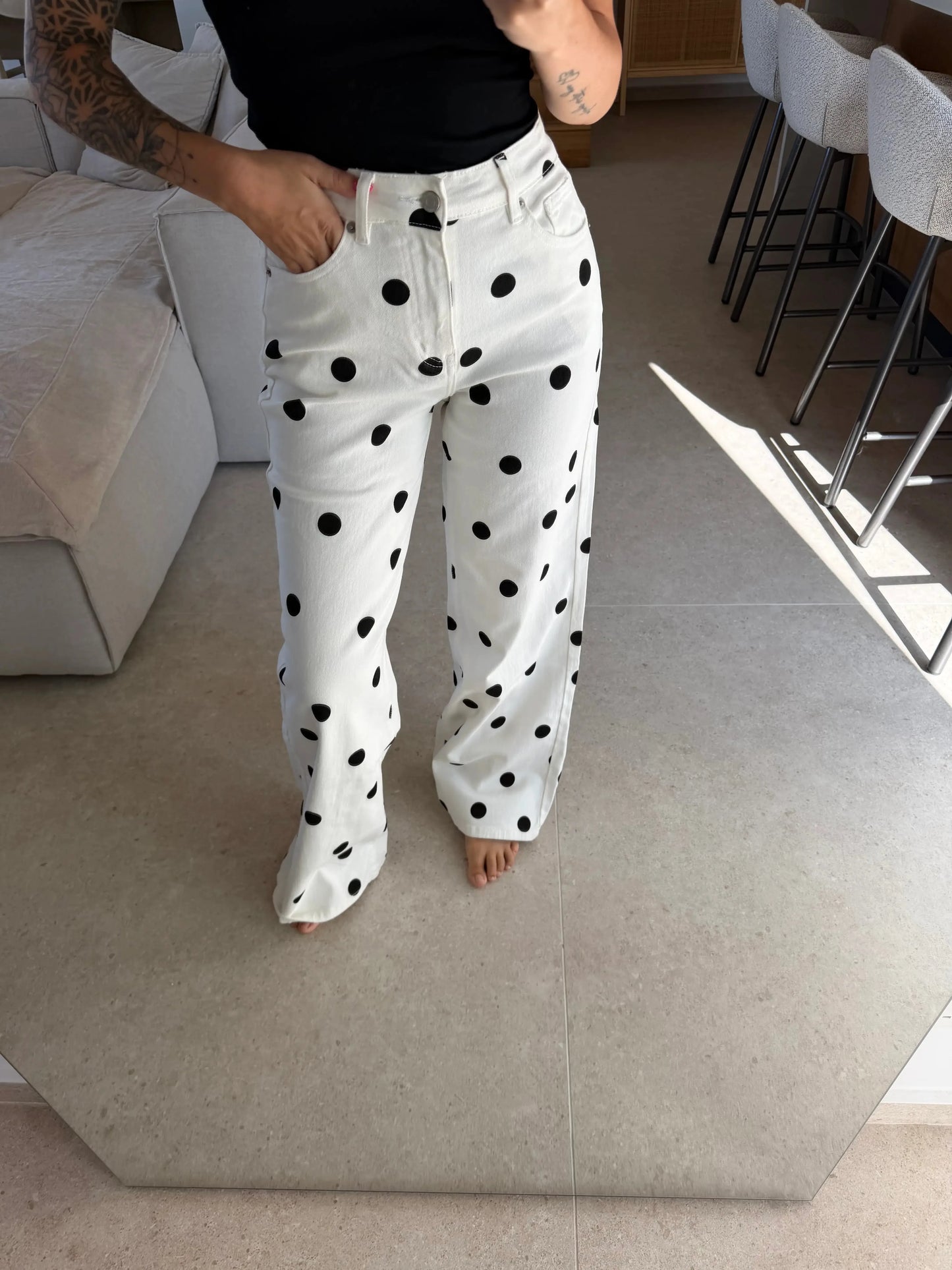 Wide Leg Hose mit Punkten – Weiß