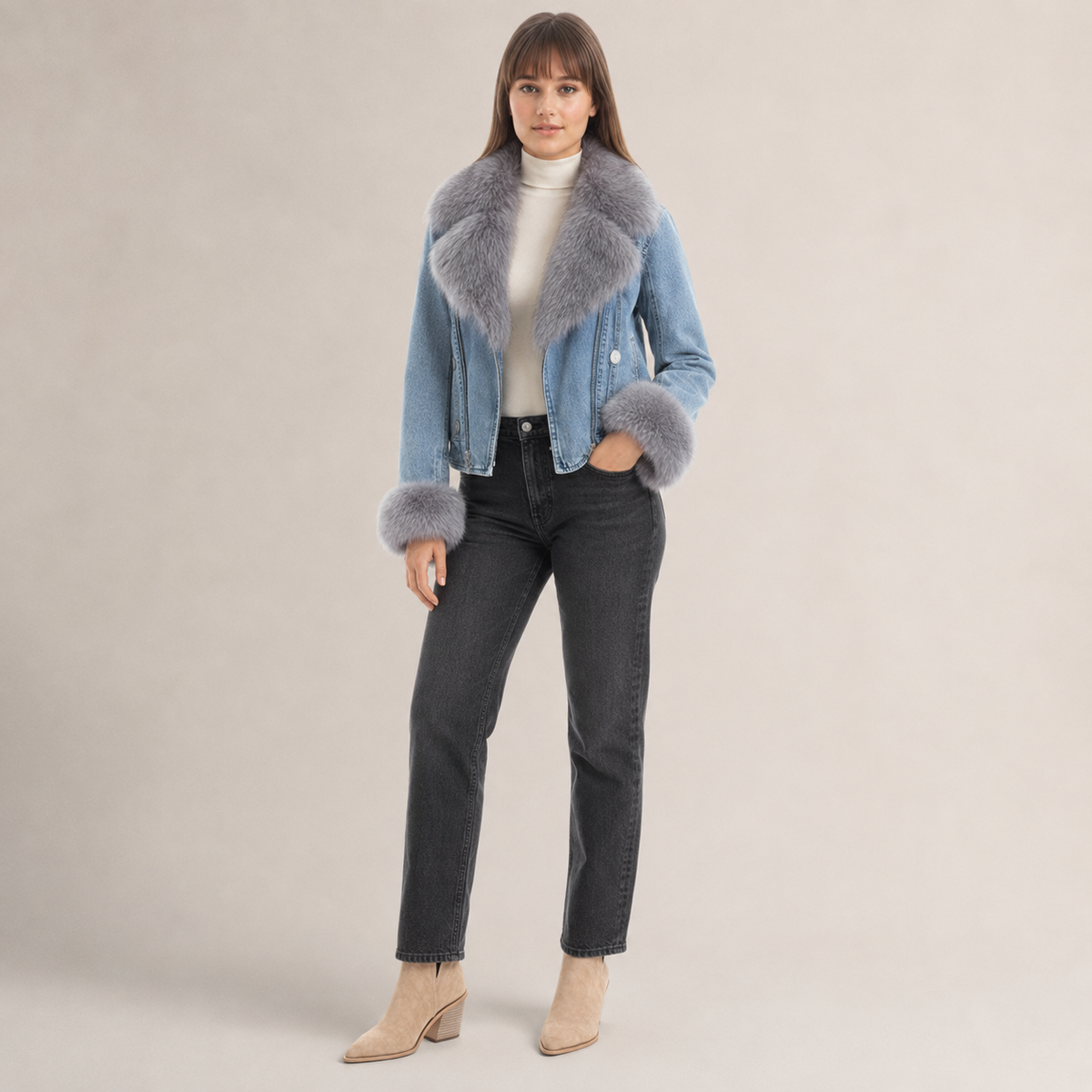 Chaqueta Vaquera con Pelo + Botines Vaqueros Tacón Alto - vista frontal