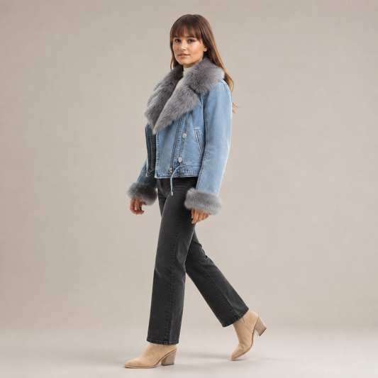 Chaqueta Vaquera con Pelo + Botines Vaqueros Tacón Alto - vista lateral izquierda