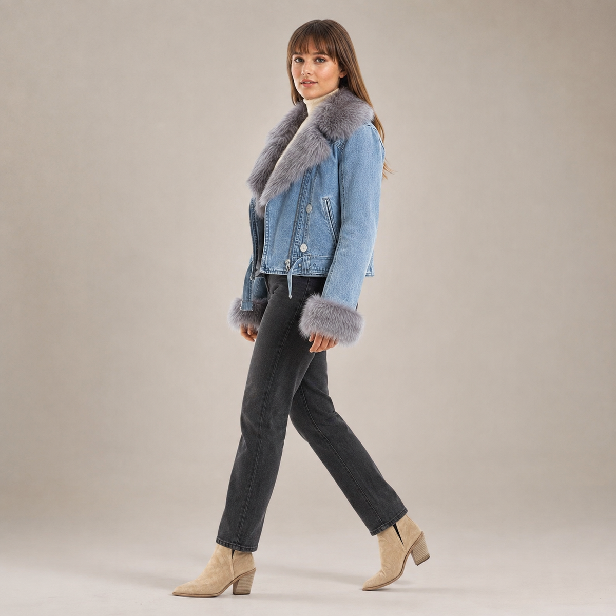 Chaqueta Vaquera con Pelo + Botines Vaqueros Tacón Alto - vista lateral derecha