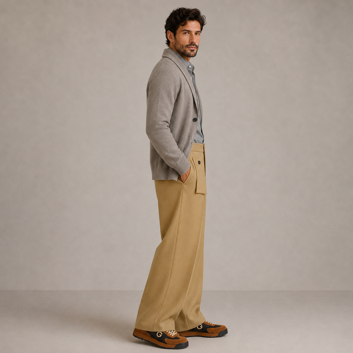 Outfit Chaqueta Aria Couture + Camisa Luxeva Aura + Pantalón Vittoria Elite + Zapatos Rosélle Mode - vista lateral derecha