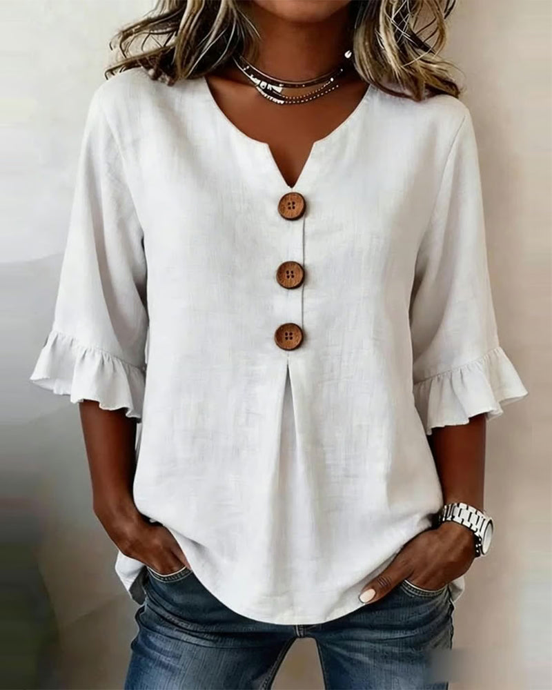 Blusa Sofía de algodón-lino lisa con botones de madera y volantes, blusa elegante, detalle de tela | Moda Acosta