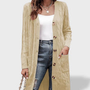 Clara Cárdigan de punto largo para mujer con botones y bolsillos, jersey de punto, detalle de tela | Moda Acosta