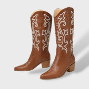 Botas Cowboy Mujer Altas Bordadas – Tacón Grueso, Tacones, detalle de tela | Moda Acosta