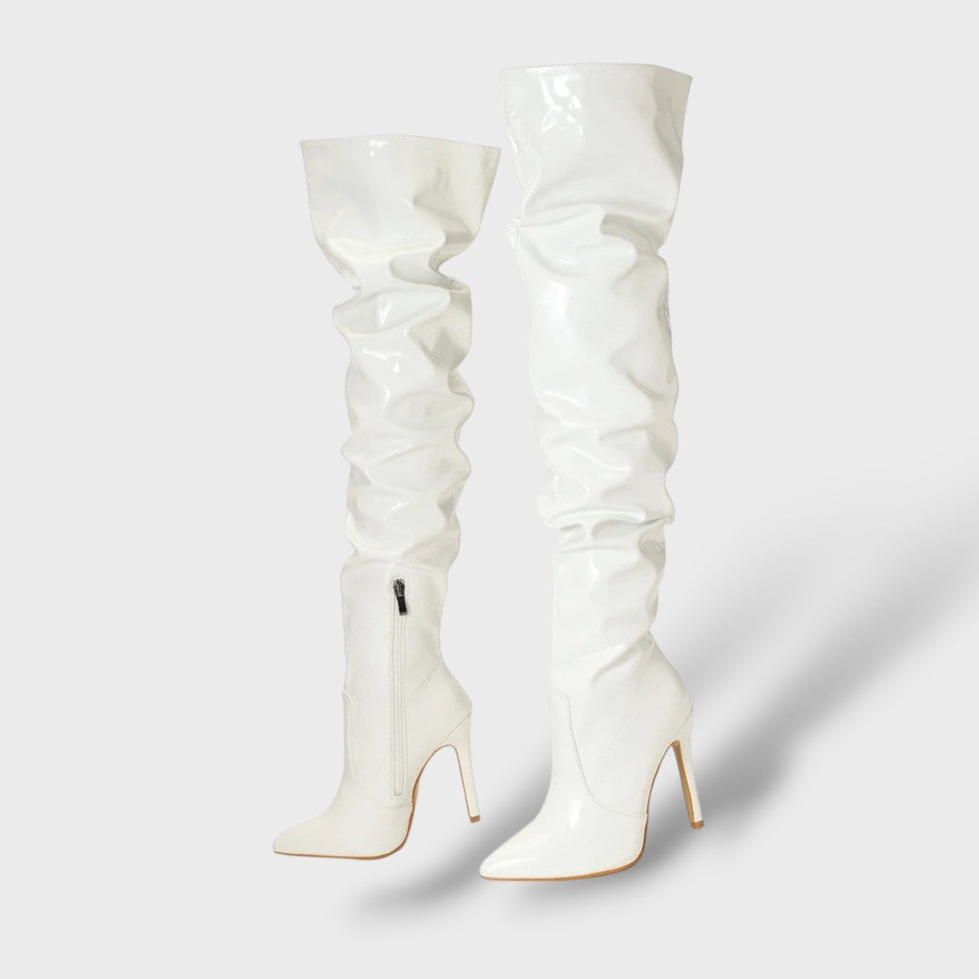Botas Altas de Charol con Tacón de Aguja, Tacones, detalle de tela | Moda Acosta