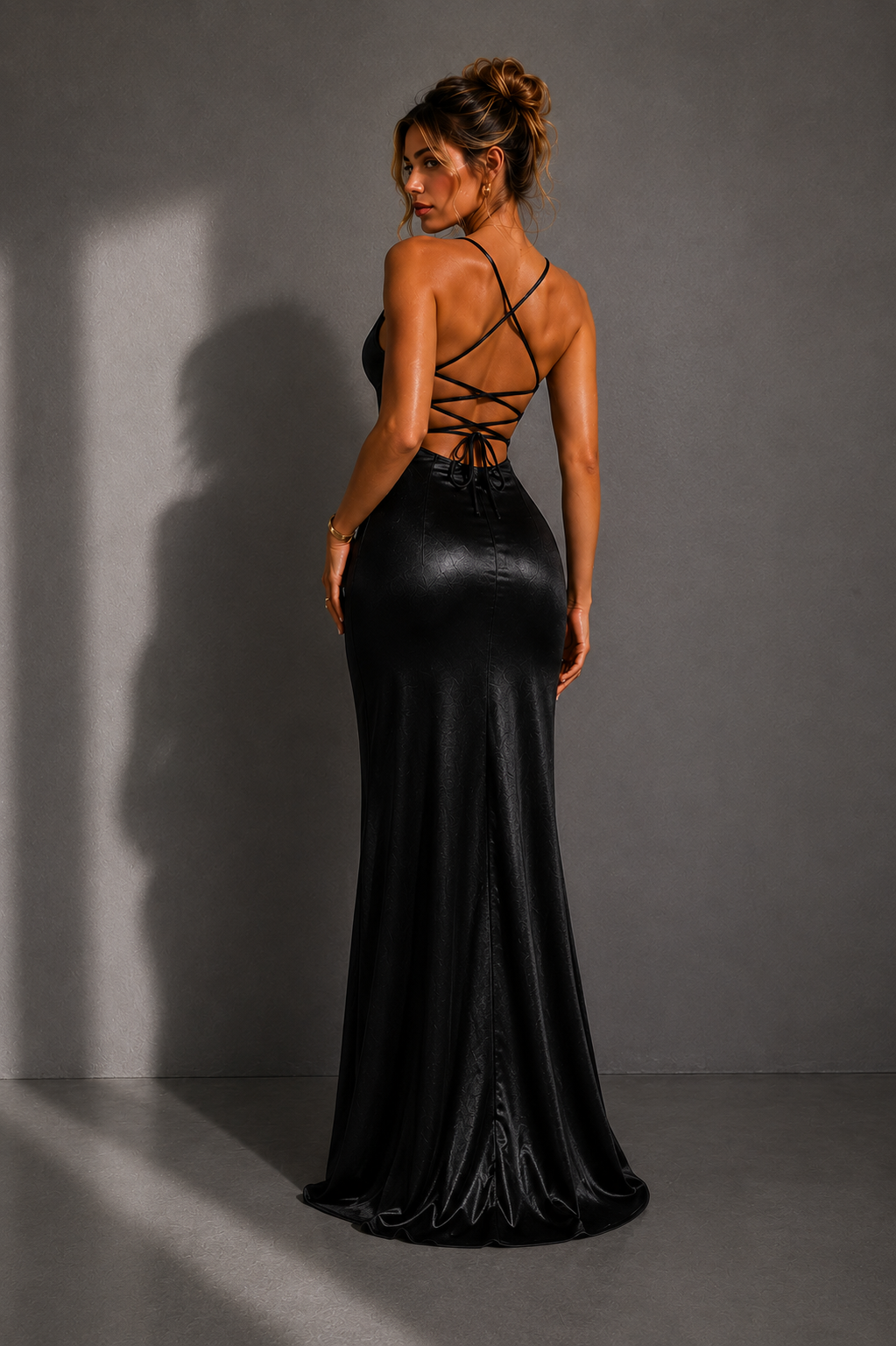 Noir Satin Élite-Vestido, vestido elegante, detalle de tela | Moda Acosta