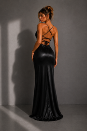 Noir Satin Élite-Vestido, vestido elegante, detalle de tela | Moda Acosta