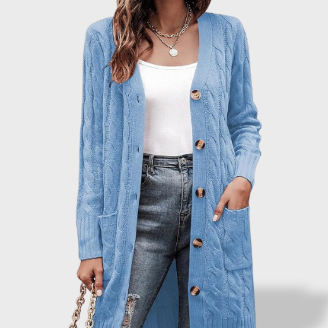 Clara Cárdigan de punto largo para mujer con botones y bolsillos, jersey de punto, combinación de outfit | Moda Acosta
