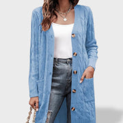 Clara Cárdigan de punto largo para mujer con botones y bolsillos, jersey de punto, combinación de outfit | Moda Acosta