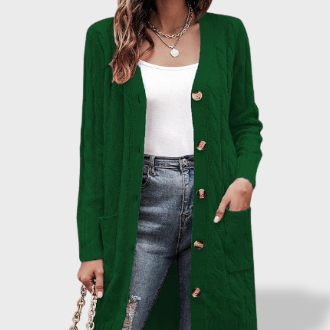 Clara Cárdigan de punto largo para mujer con botones y bolsillos, jersey de punto, estilo puesto | Moda Acosta
