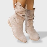 Lucía| Botines de Ante con Punta Redonda y Cremallera para Mujer, botas de moda, look completo | Moda Acosta