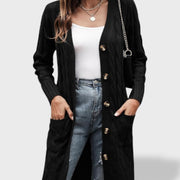 Clara Cárdigan de punto largo para mujer con botones y bolsillos, jersey de punto, detalle de tela | Moda Acosta