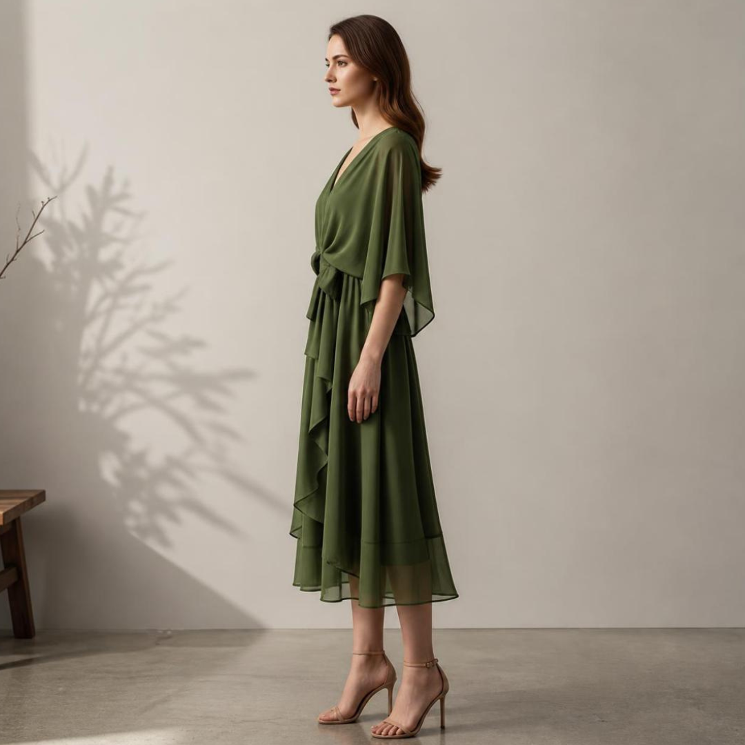 Noir Olive Desire-Vestido Velnor, vestido elegante, primer plano | Moda Acosta