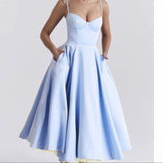 Vestido Celeste Verona – Collezione Venecia, vestido elegante, primer plano | Moda Acosta