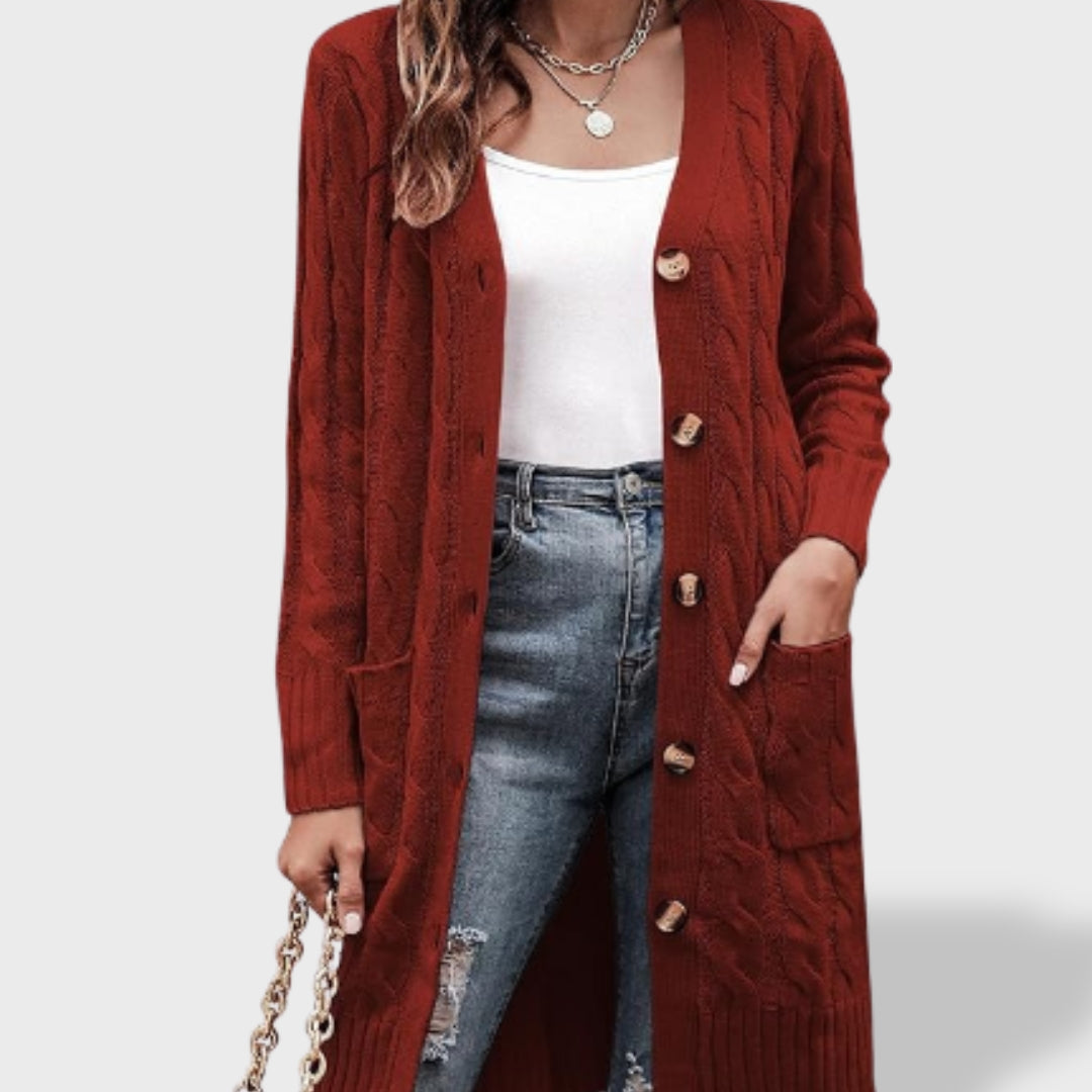 Clara Cárdigan de punto largo para mujer con botones y bolsillos, jersey de punto, look completo | Moda Acosta