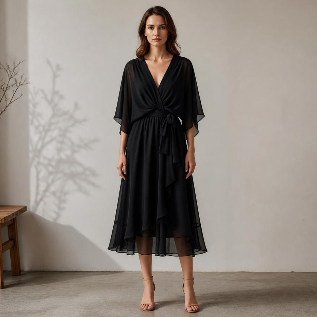 Noir Olive Desire-Vestido Velnor, vestido elegante, vista lateral | Moda Acosta