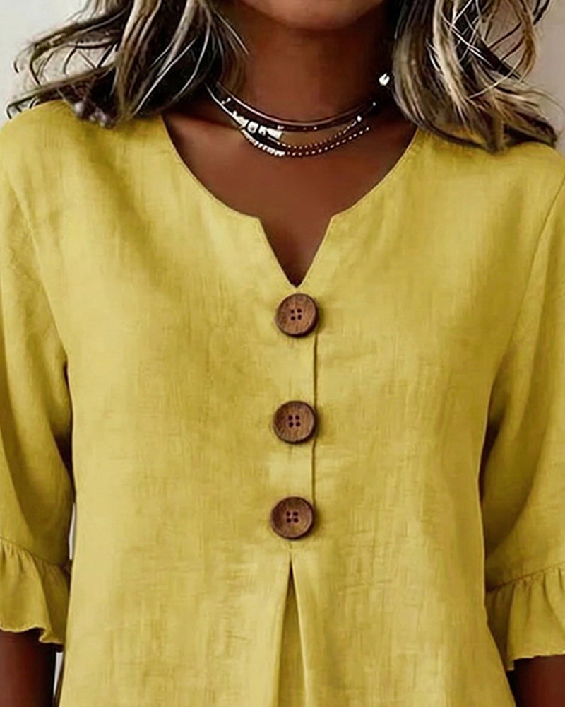 Blusa Sofía de algodón-lino lisa con botones de madera y volantes, blusa elegante, detalle de tela | Moda Acosta