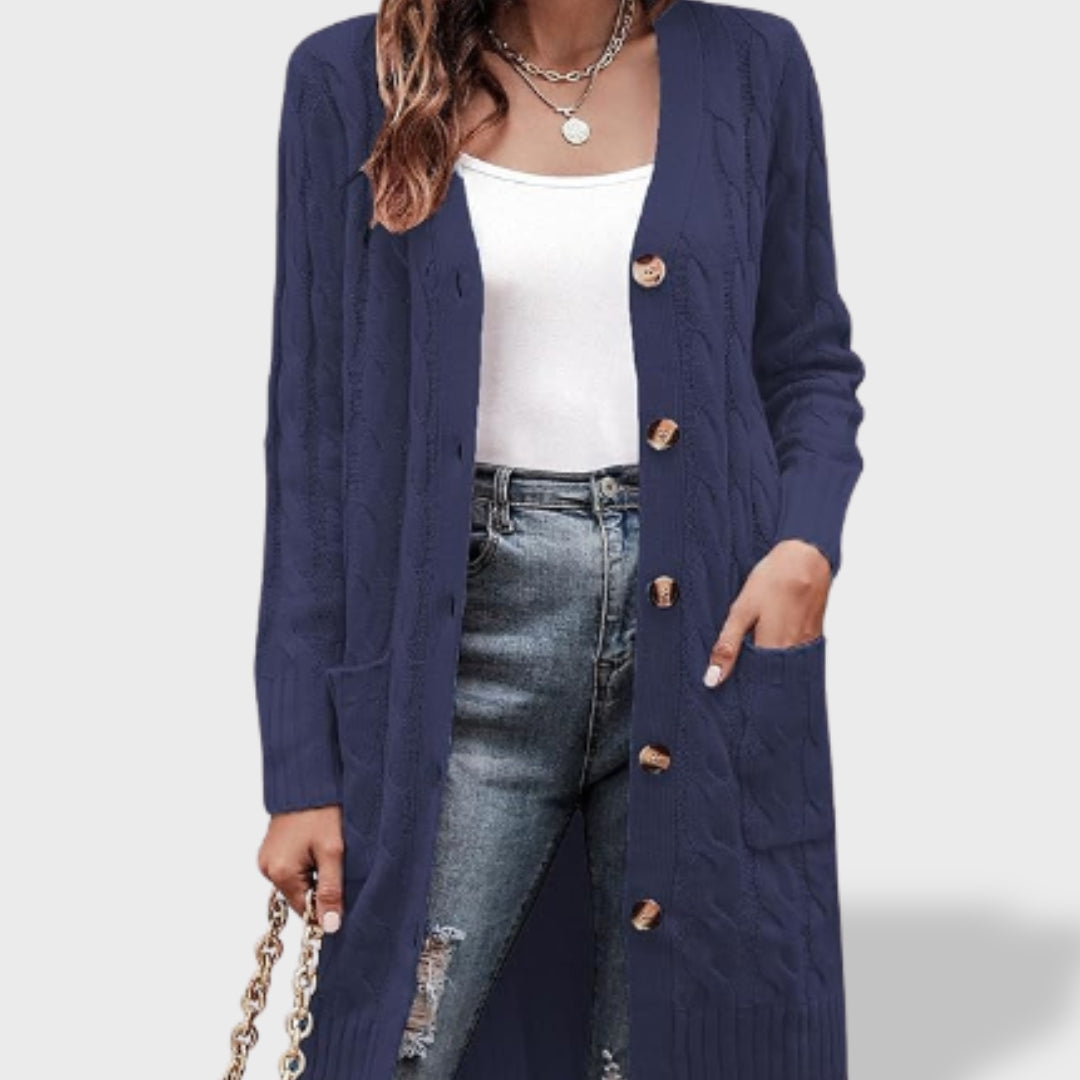 Clara Cárdigan de punto largo para mujer con botones y bolsillos, jersey de punto, vista lateral | Moda Acosta