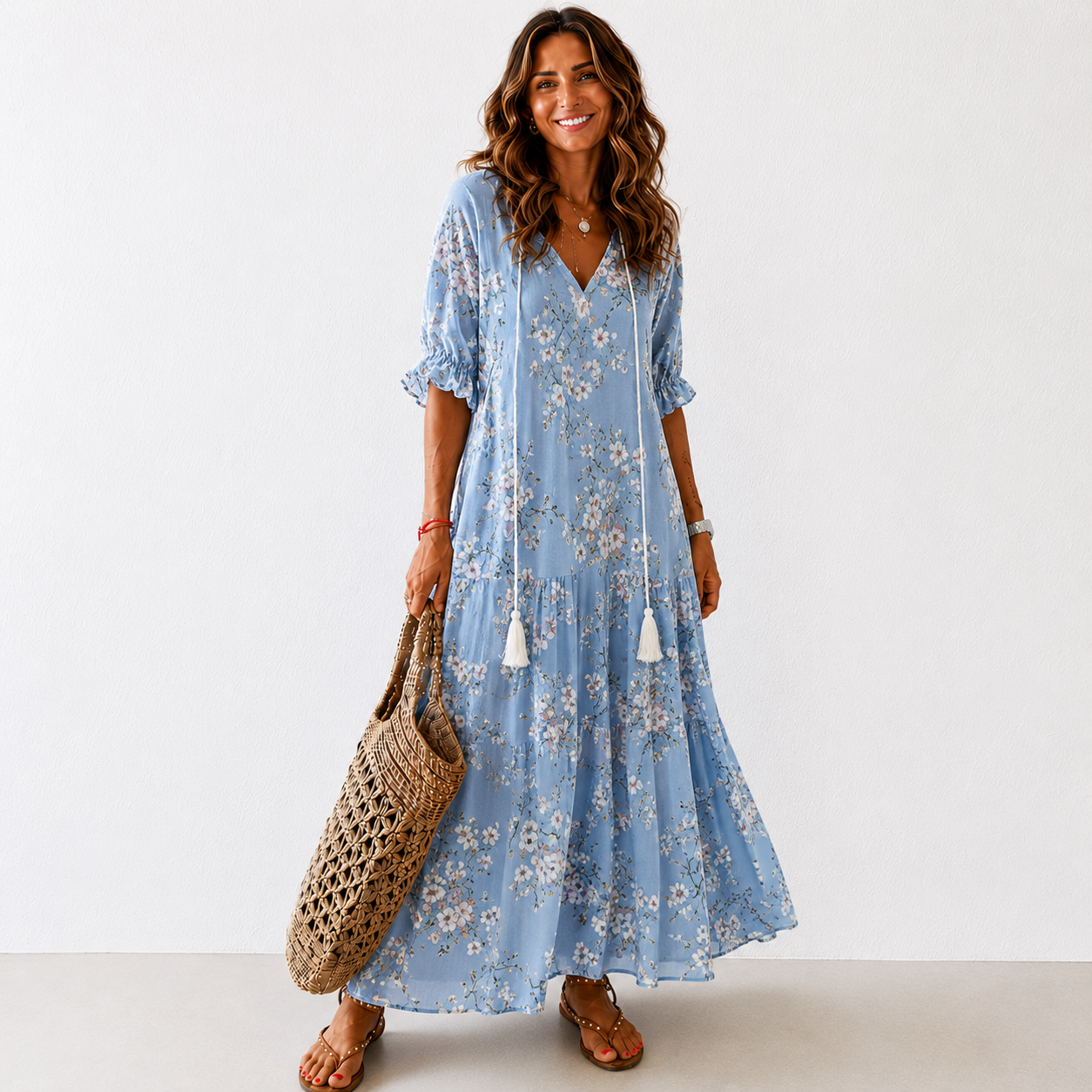 Amalia — Vestito Lungo Boho, vestido elegante, primer plano | Moda Acosta