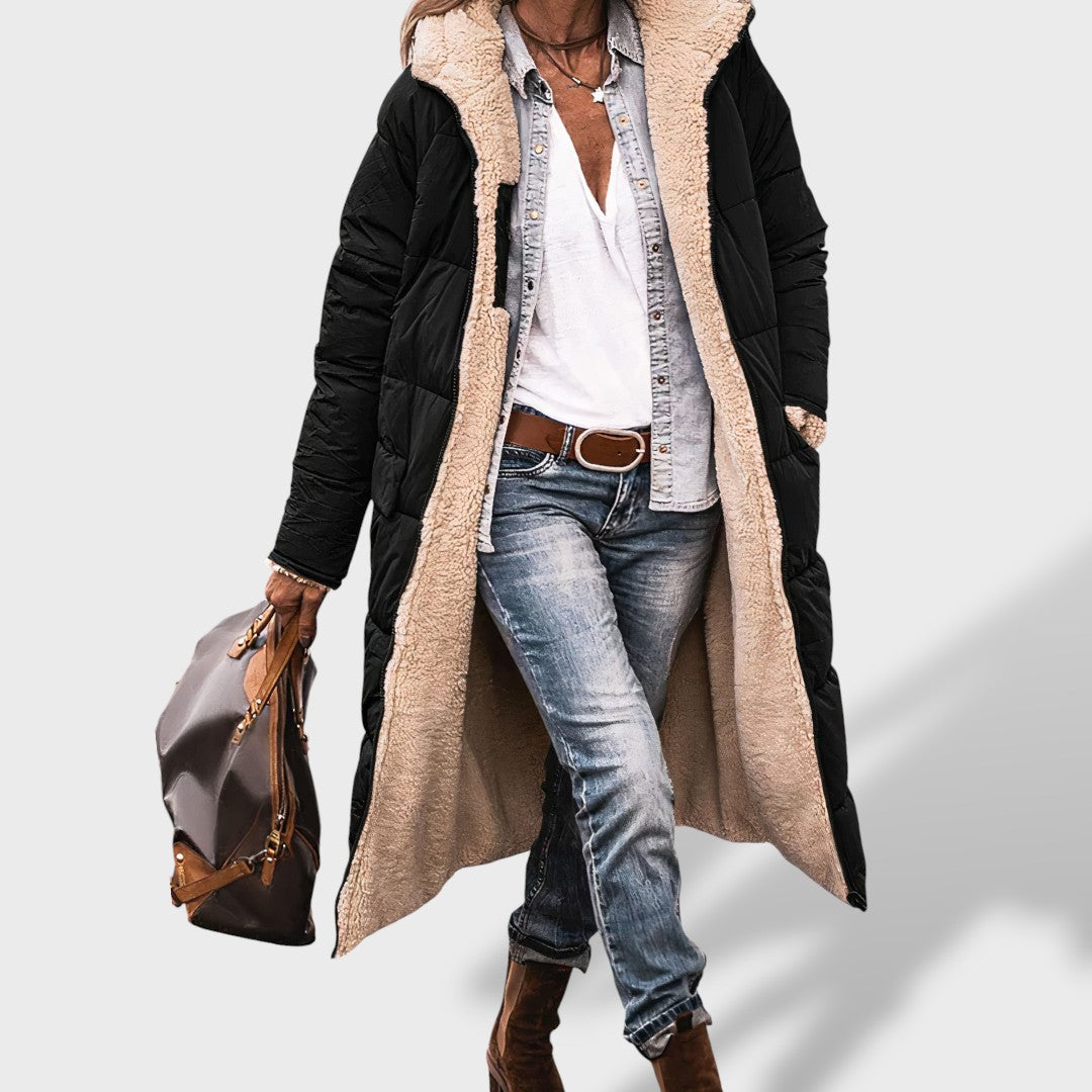 Marina | Abrigo cálido largo mujer, abrigo de invierno, primer plano | Moda Acosta