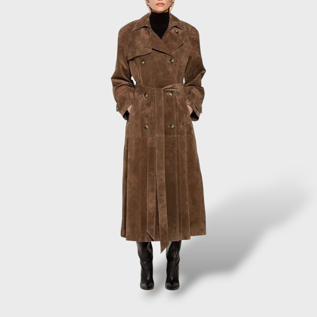 Trench coat clásico de ante para mujeres, abrigo de invierno, detalle de tela | Moda Acosta