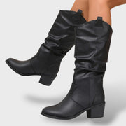 Botas Altas de Cuero Estilo Western para Mujer – Diseño Plisado con Tacón Grueso, Tacones, detalle de tela | Moda Acosta