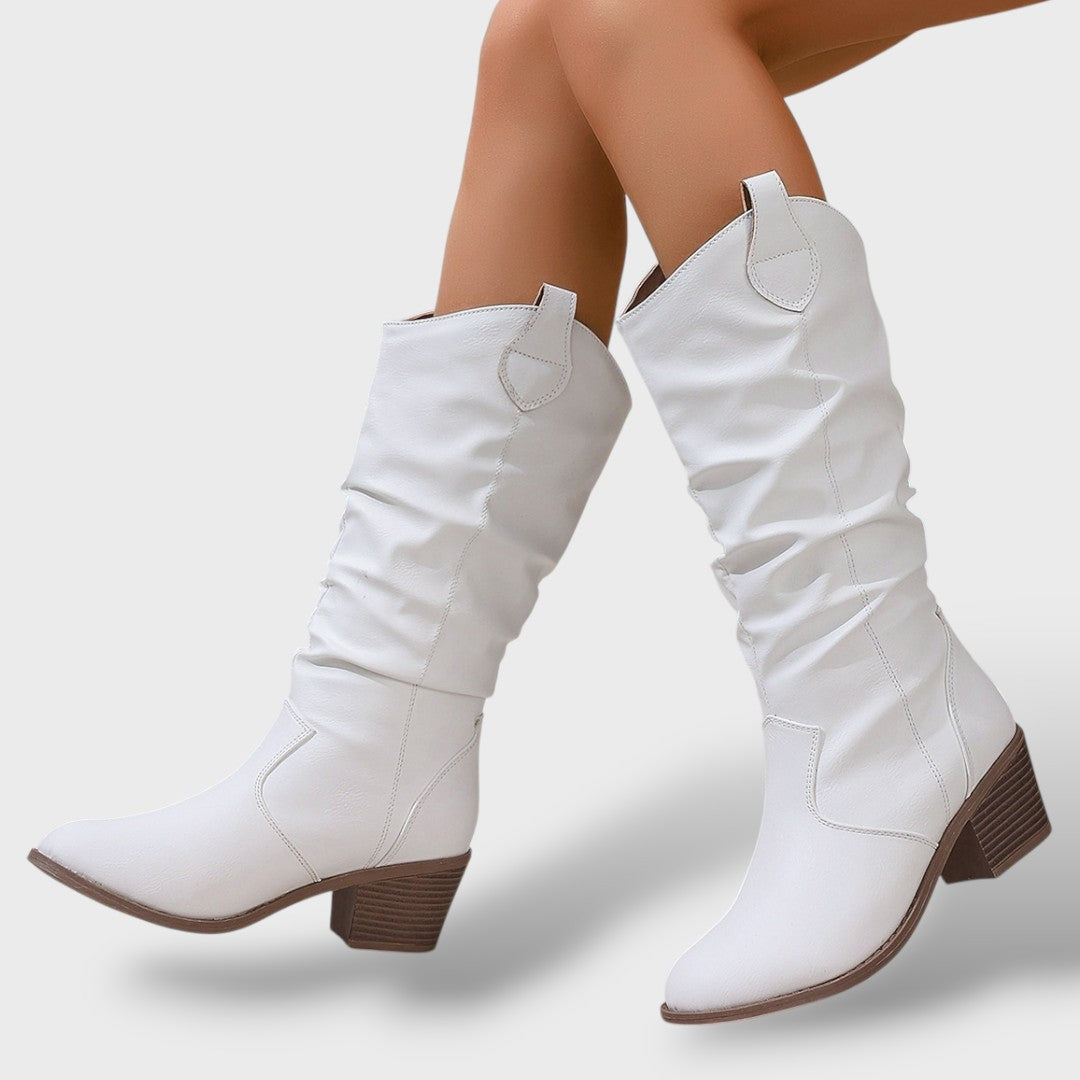 Botas Altas de Cuero Estilo Western para Mujer – Diseño Plisado con Tacón Grueso, Tacones, vista trasera | Moda Acosta