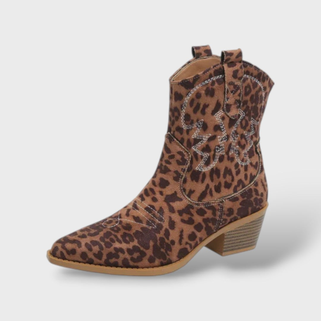 Botas retro bordadas con tacón ancho, Tacones, detalle de tela | Moda Acosta