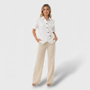 Julia - Blusa Asimétrica de Algodón-Lino con Botones, blusa elegante, vista frontal | Moda Acosta