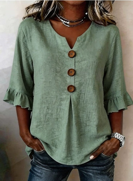 Blusa Sofía de algodón-lino lisa con botones de madera y volantes, blusa elegante, vista trasera | Moda Acosta