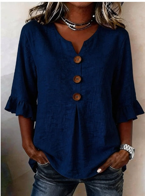 Blusa Sofía de algodón-lino lisa con botones de madera y volantes, blusa elegante, color disponible | Moda Acosta