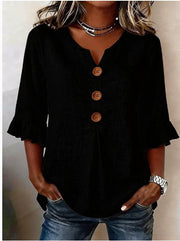 Blusa Sofía de algodón-lino lisa con botones de madera y volantes, blusa elegante, look completo | Moda Acosta