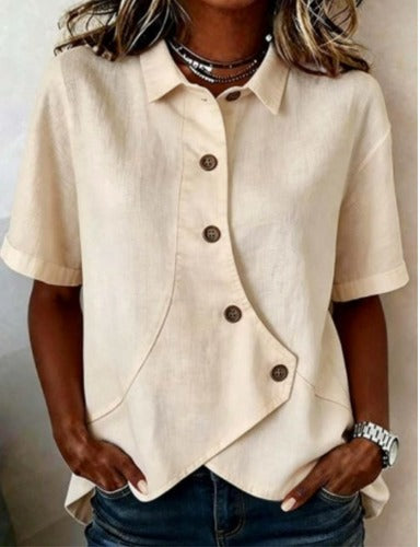 Julia - Blusa Asimétrica de Algodón-Lino con Botones, blusa elegante, detalle de tela | Moda Acosta