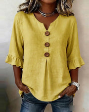 Blusa Sofía de algodón-lino lisa con botones de madera y volantes, blusa elegante, color disponible | Moda Acosta
