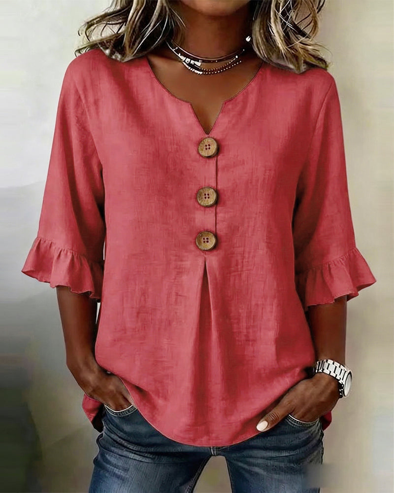 Blusa Sofía de algodón-lino lisa con botones de madera y volantes, blusa elegante, look completo | Moda Acosta