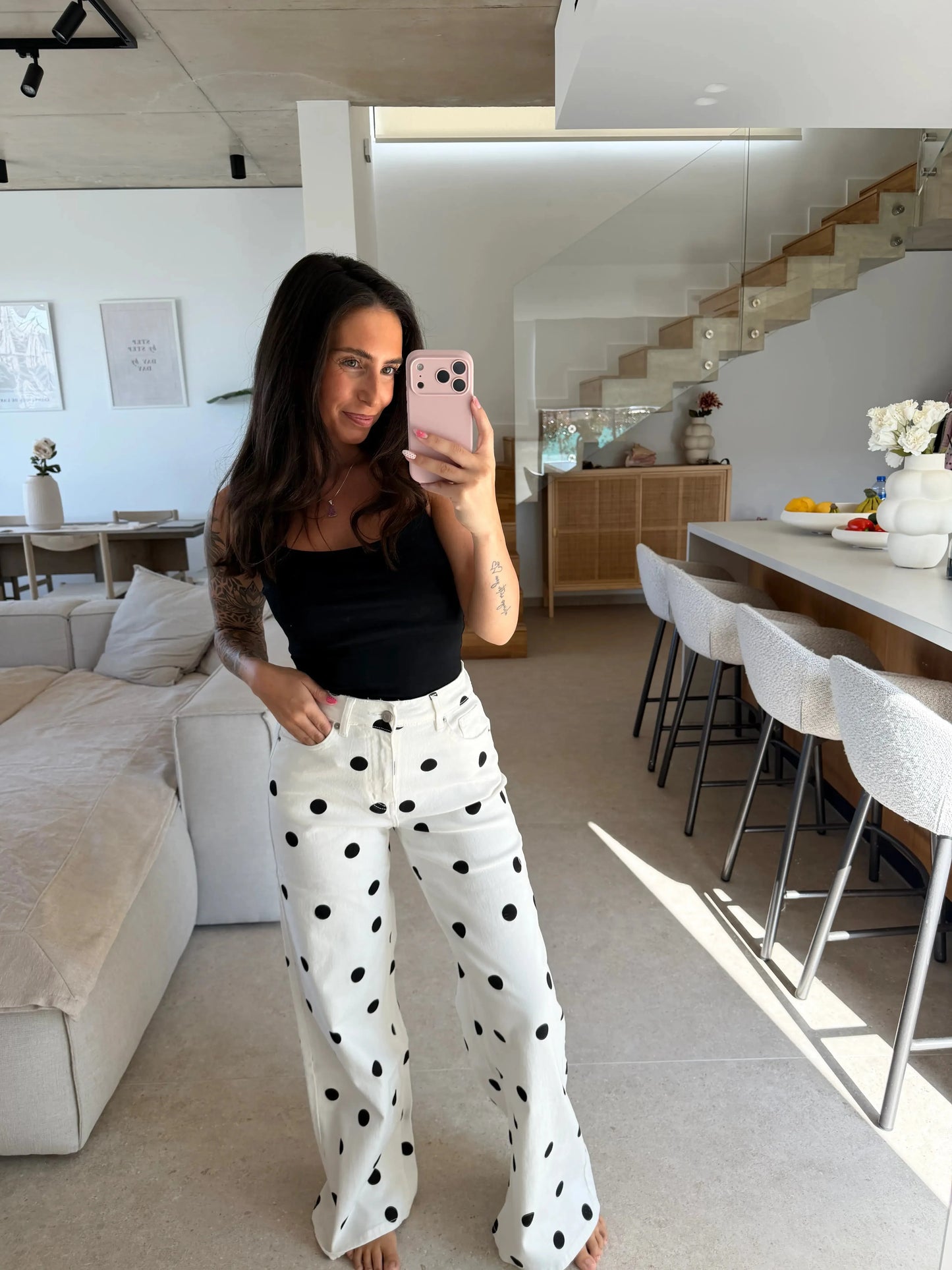 Wide Leg Hose mit Punkten – Weiß