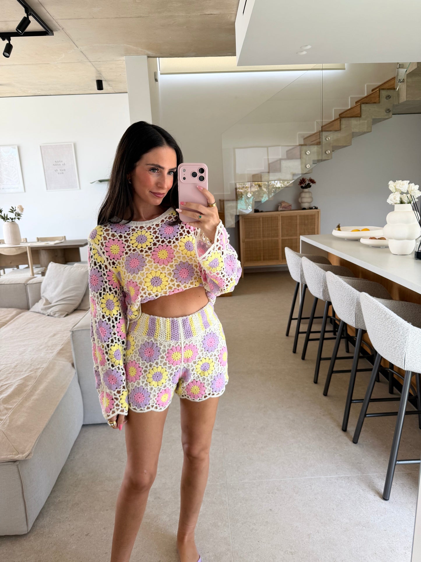 Blumen Häkel Shorts – Creme/Bunt