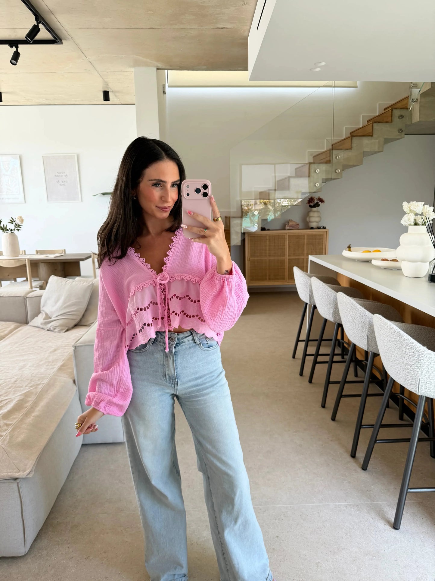 Bluse mit Stickerei – Rosa