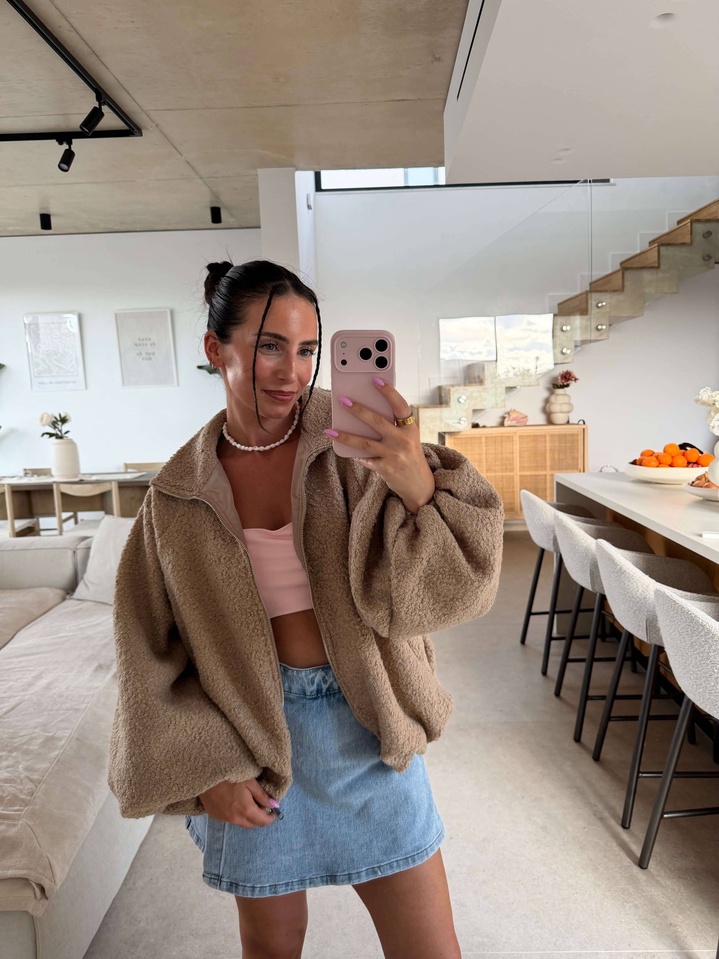Oversize Jacke mit Reißverschluss – Beige