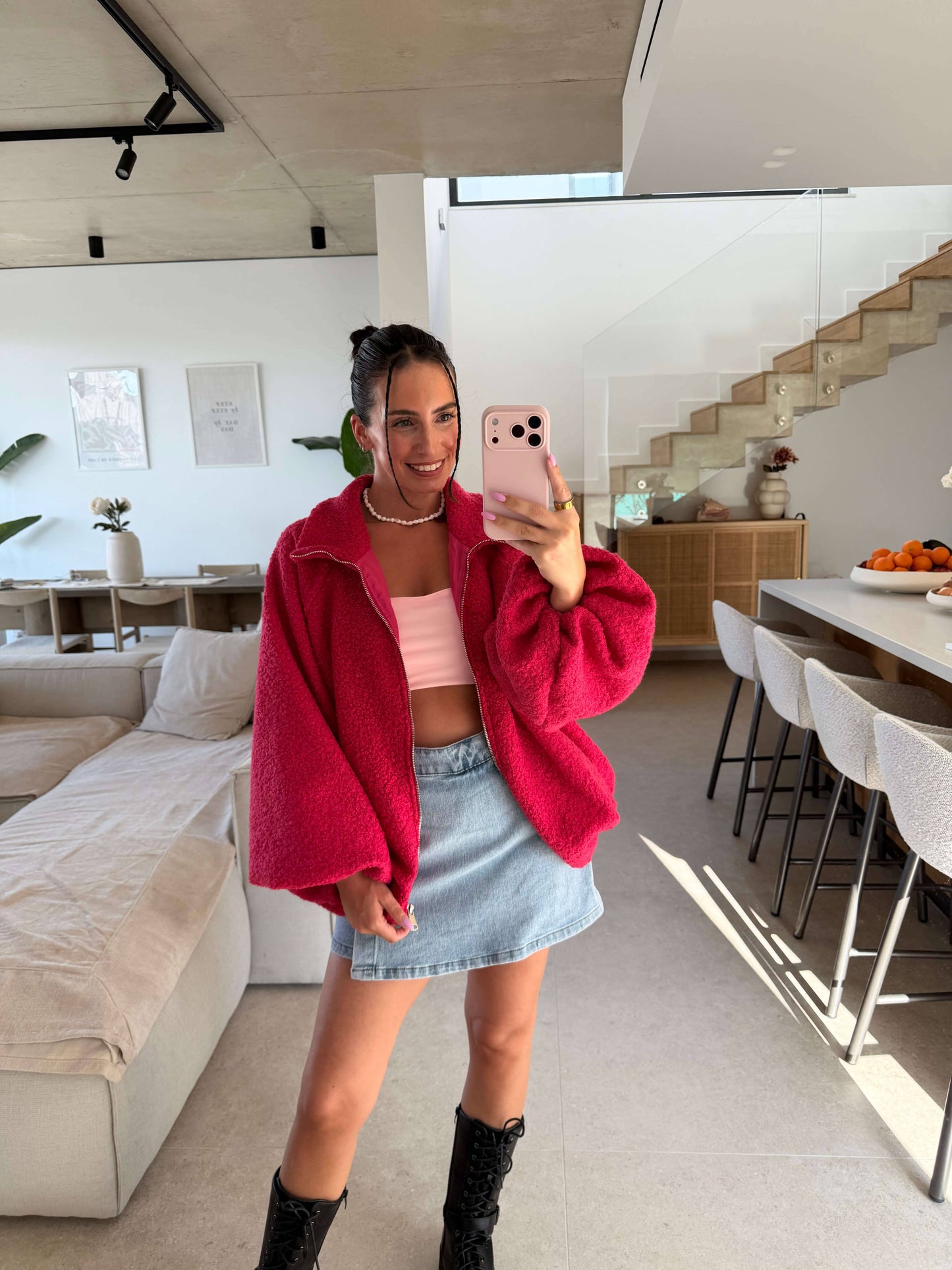 Oversize Jacke mit Reißverschluss – Pink