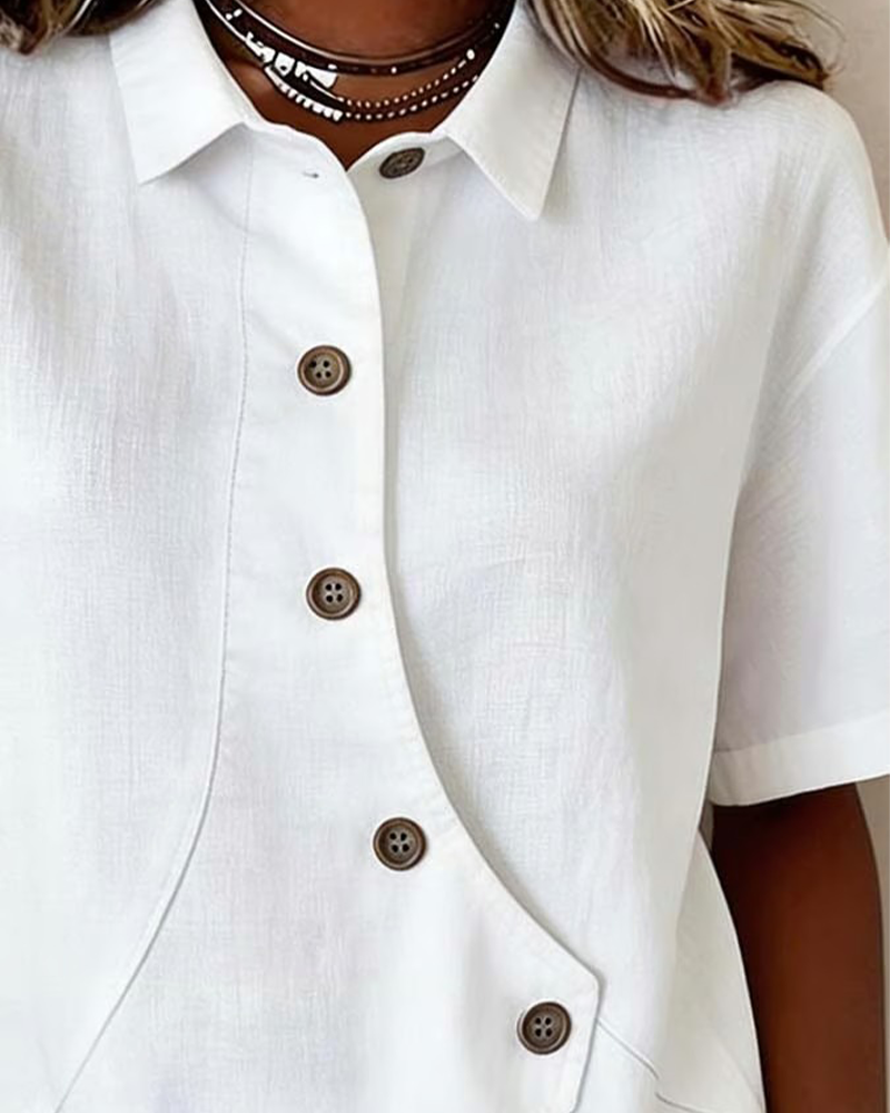 Julia - Blusa Asimétrica de Algodón-Lino con Botones, blusa elegante, vista lateral | Moda Acosta
