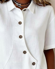 Julia - Blusa Asimétrica de Algodón-Lino con Botones, blusa elegante, vista lateral | Moda Acosta