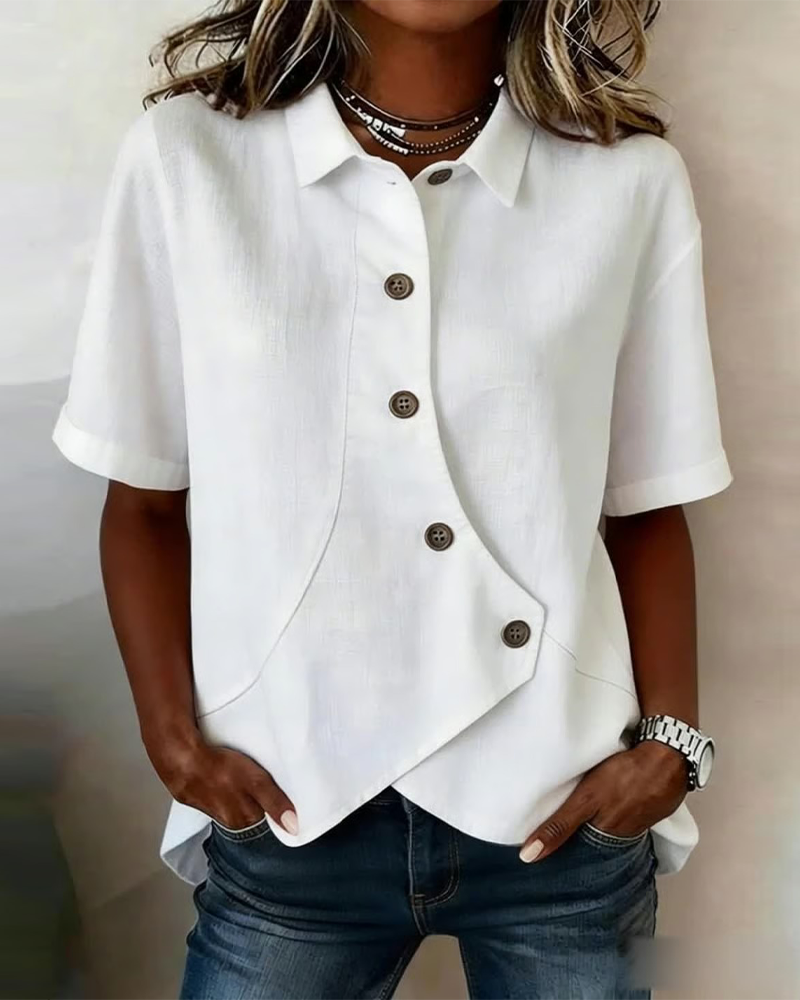 Julia - Blusa Asimétrica de Algodón-Lino con Botones, blusa elegante, detalle de tela | Moda Acosta