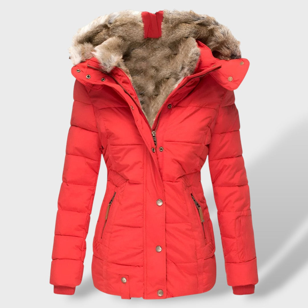 Sofía | Chaqueta plumas mujer, abrigo de invierno, detalle de tela | Moda Acosta