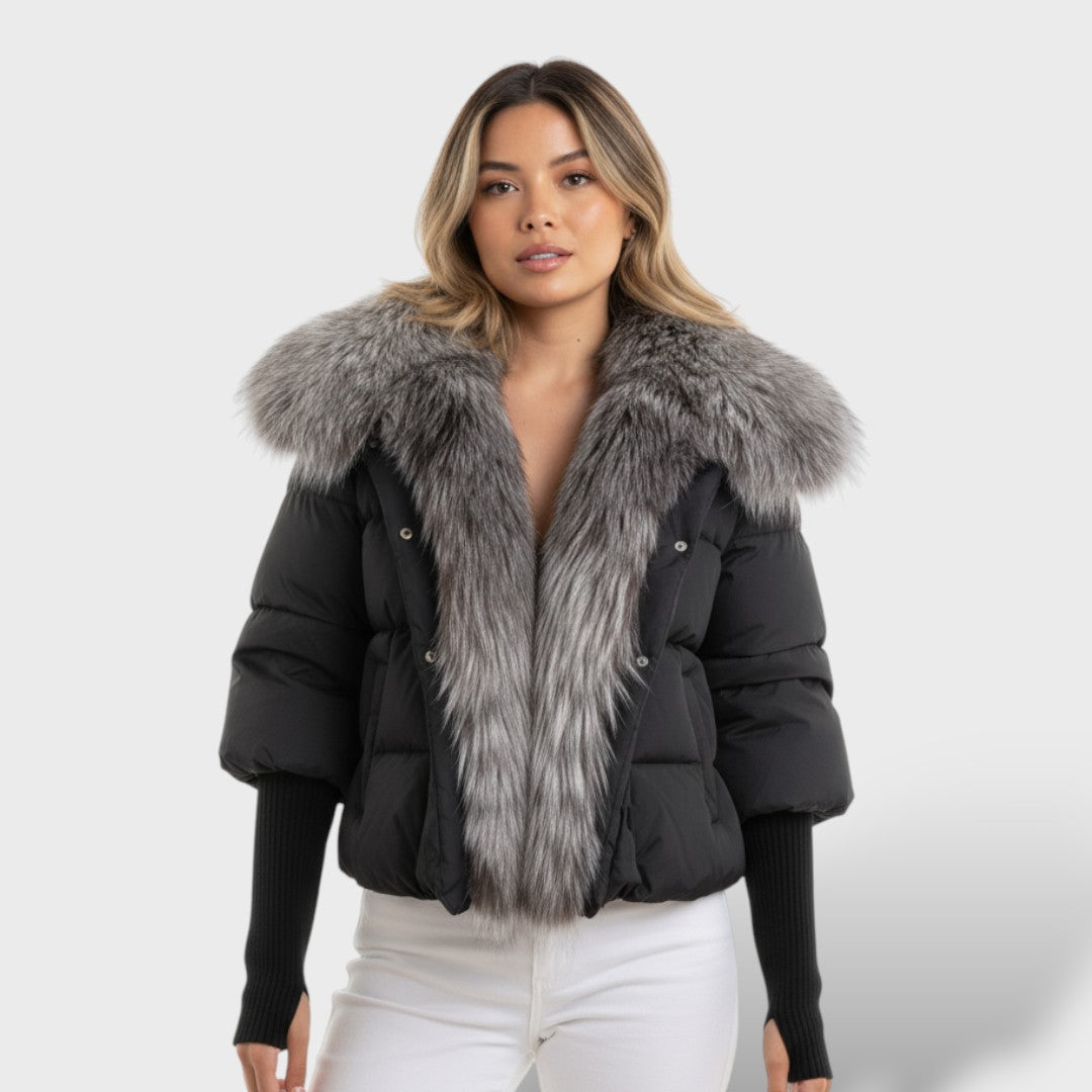 Chaqueta acolchada con cuello de piel sintética, abrigo de invierno, detalle de tela | Moda Acosta