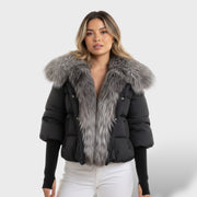 Chaqueta acolchada con cuello de piel sintética, abrigo de invierno, detalle de tela | Moda Acosta