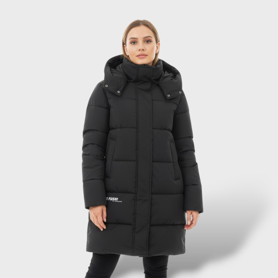 Abrigo Acolchado Mujer Largo con Capucha Elegant, abrigo de invierno, vista frontal | Moda Acosta