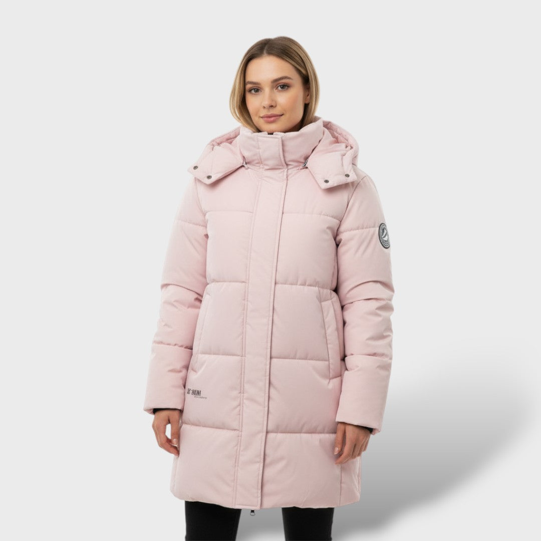 Abrigo Acolchado Mujer Largo con Capucha Elegant, abrigo de invierno, detalle de tela | Moda Acosta
